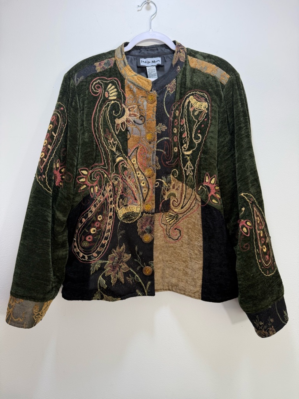 Indigo Moon Green Chenille Patchwork Jacket Art to Wear Boho Paisley Size L